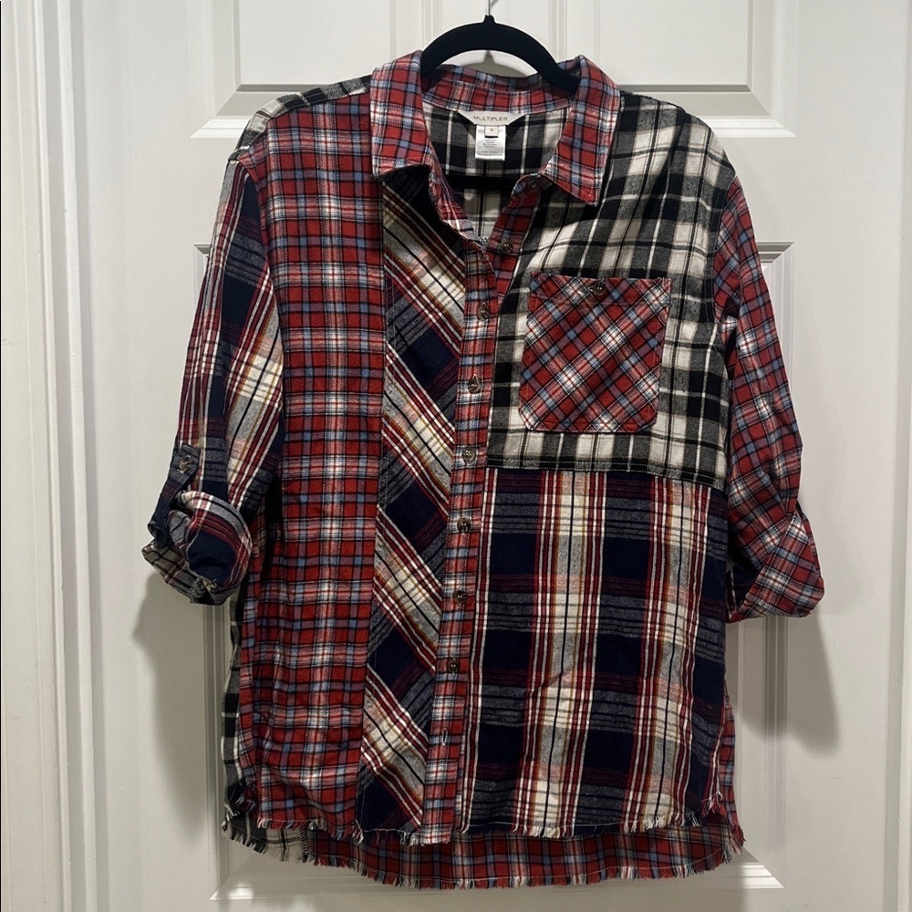 Multiples Mixed Plaid Flannel Patchwork Multi Print Rebuild Raw Hem Button Down